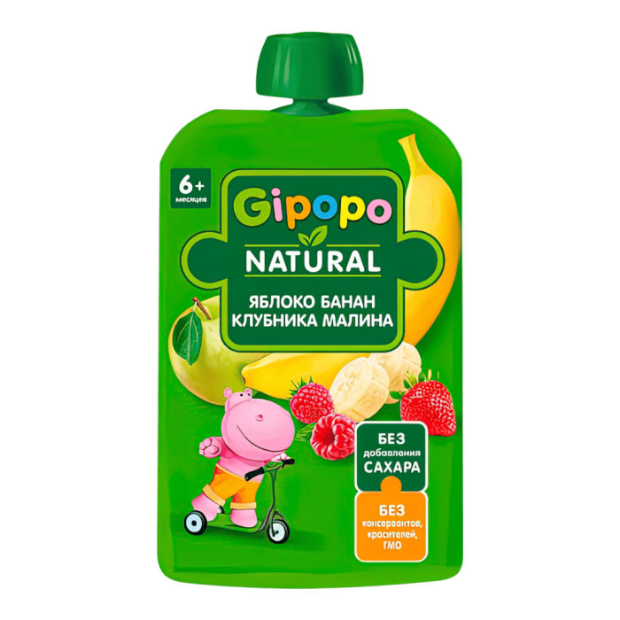 Пюре фруктовое GIPOPO Яблоко-Банан-Малина-Клубника (с 6 месяцев) 90 г*12шт штуки