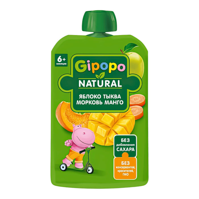 Пюре фруктово-овощное GIPOPO Яблоко-Тыква-Морковь-Манго (с 6 месяцев) 90 г*12шт штуки